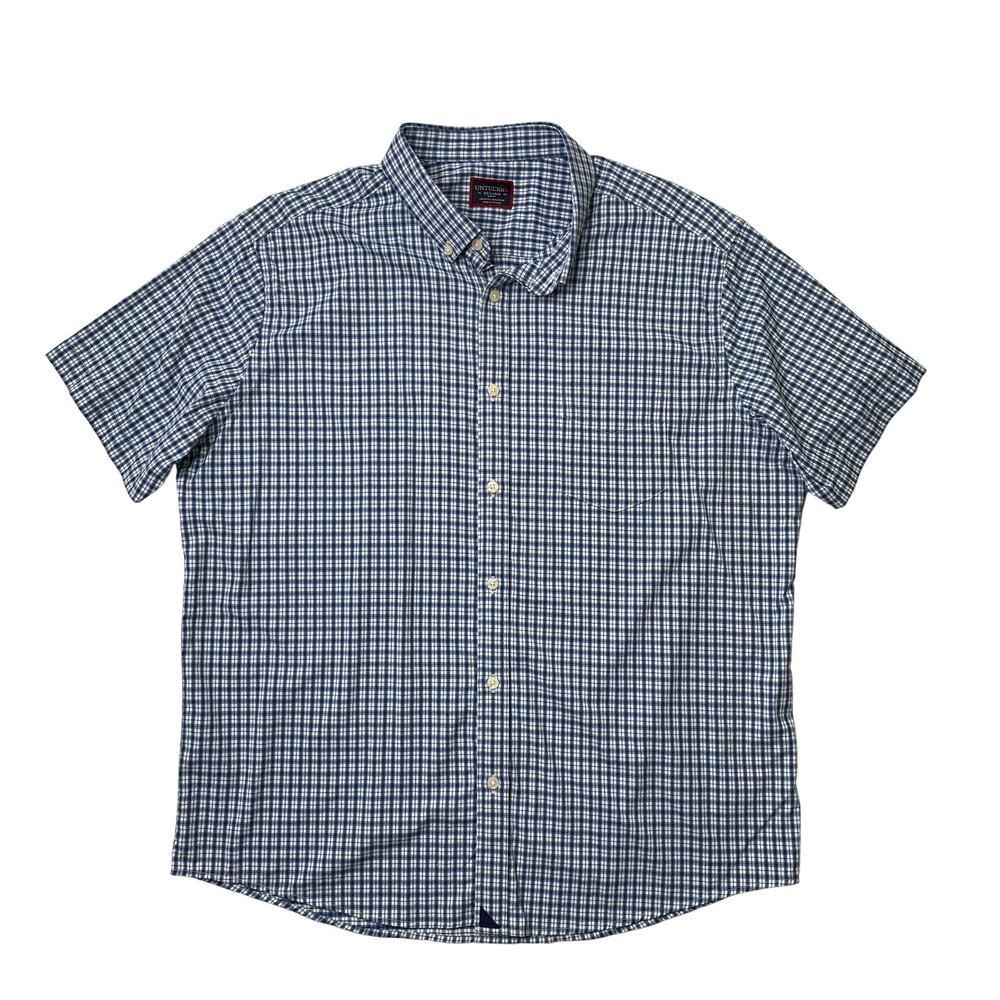Untuckit Shirt Mens 2XL Slim White Blue Plaid Performance Short Sleeve Matarazzo